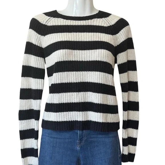 Lilla P Black White Stripe Chunky Knit Lace Up Back Sweater Small - Picture 2 of 7